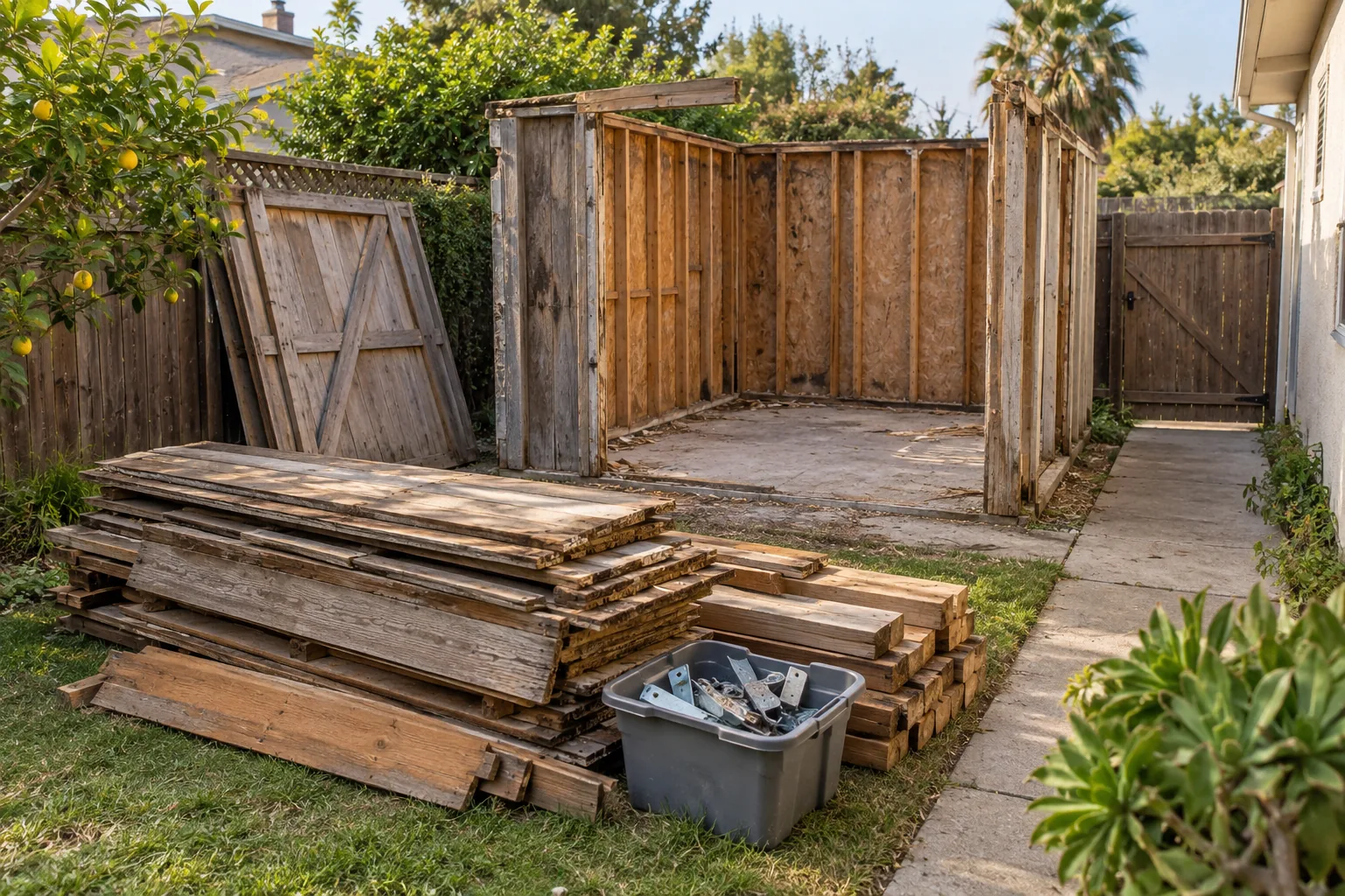 Illustrative view of sorted shed boards, a concrete pad, and a side-yard gate